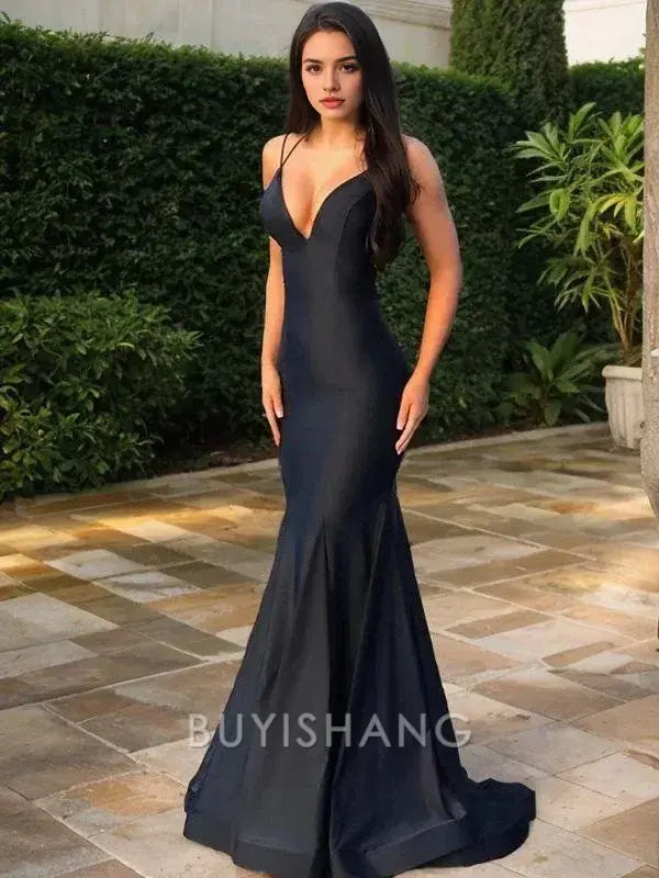Buyishang Simple Sheath/Column V-neck Sweep Train Silk like Satin Prom Dresses formal wear dresses