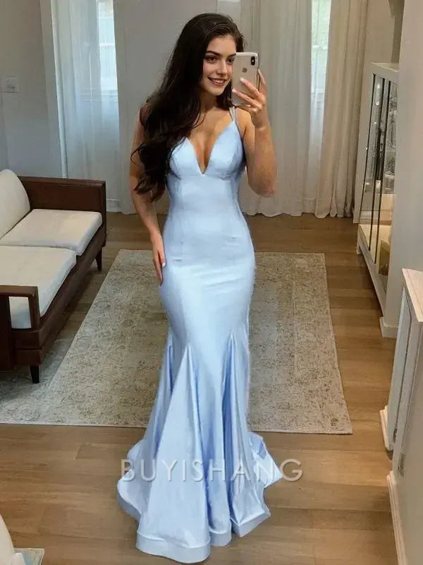 Buyishang Simple Sheath/Column V-neck Sweep Train Silk like Satin Prom Dresses formal wear dresses