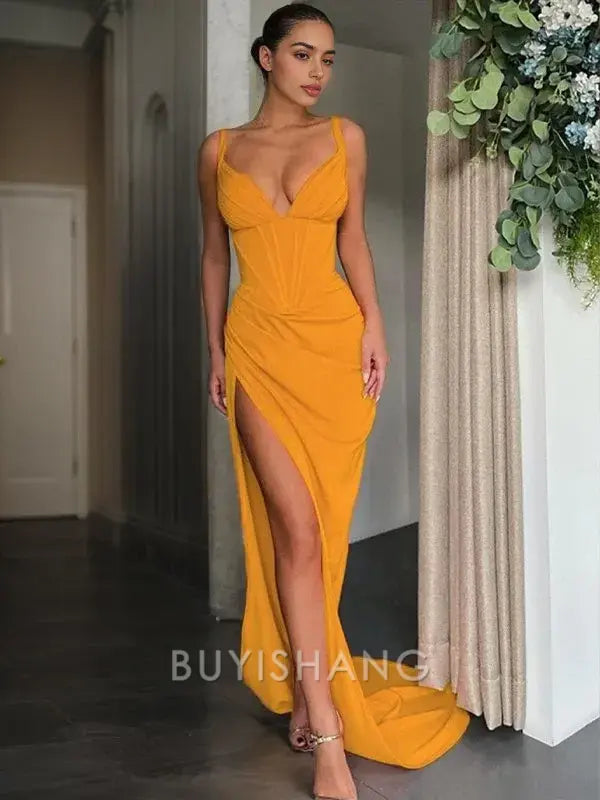 Buyishang Simple Sheath/Column V-neck Sweep Train Stretch Crepe Prom Dresses With Leg Slit formal wear dresses