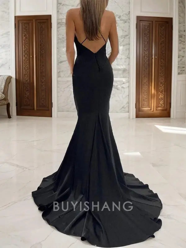 Buyishang Simple Sheath/Column V-neck Sweep Train Stretch Crepe Prom Dresses formal wear dresses