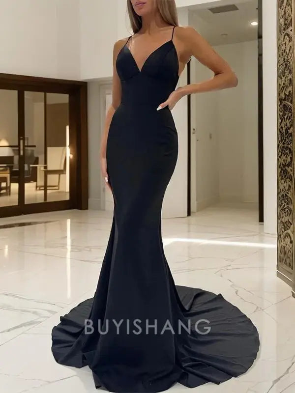 Buyishang Simple Sheath/Column V-neck Sweep Train Stretch Crepe Prom Dresses formal wear dresses