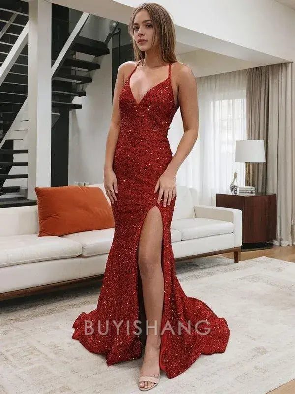 Buyishang Simple Sheath/Column V-neck Sweep Train Velvet Sequins Prom Dresses With Leg Slit