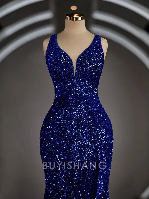 Buyishang Simple Sheath/Column V-neck Sweep Train Velvet Sequins Prom Dresses With Leg Slit