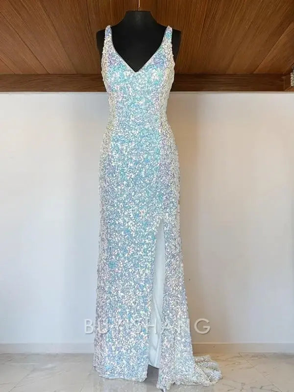 Buyishang Simple Sheath/Column V-neck Sweep Train Velvet Sequins Prom Dresses With Leg Slit formal wear dresses
