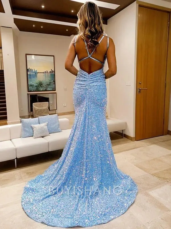 Buyishang Simple Sheath/Column V-neck Sweep Train Velvet Sequins Prom Dresses formal wear dresses