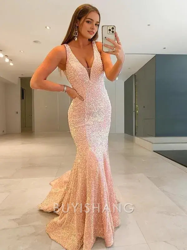 Buyishang Simple Sheath/Column V-neck Sweep Train Velvet Sequins Prom Dresses formal wear dresses