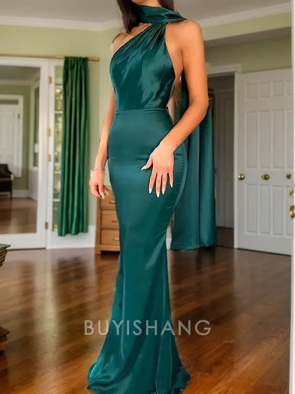 Buyishang Simple Sheath Halter Pleated Floor-Length Silk Like Satin Dress