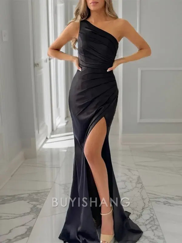 Buyishang Simple Sheath One-Shoulder Pleated Sweep Train Silk Like Satin Dress