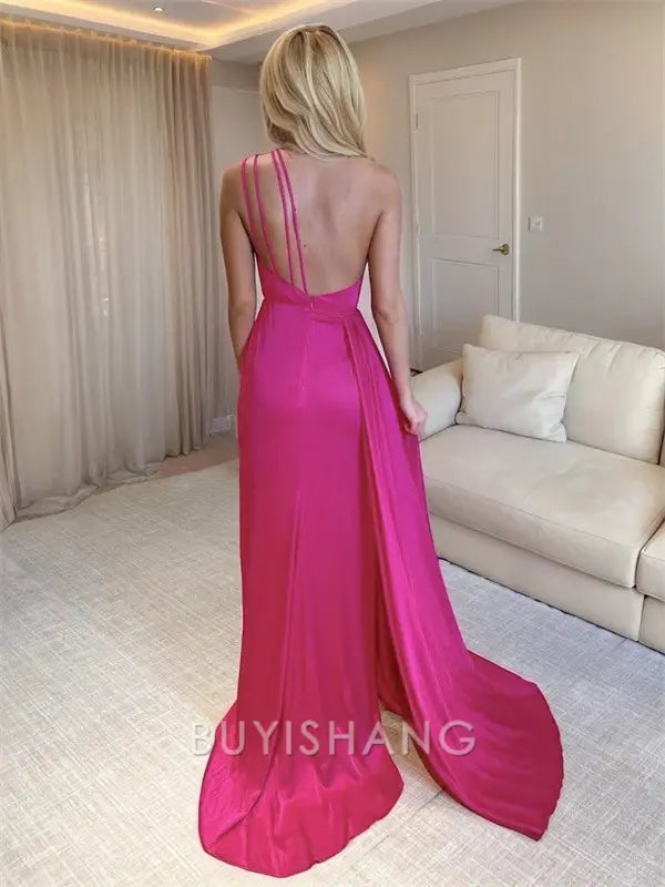 Buyishang Simple Sheath One-Shoulderr Pleated Sweep Train Dress