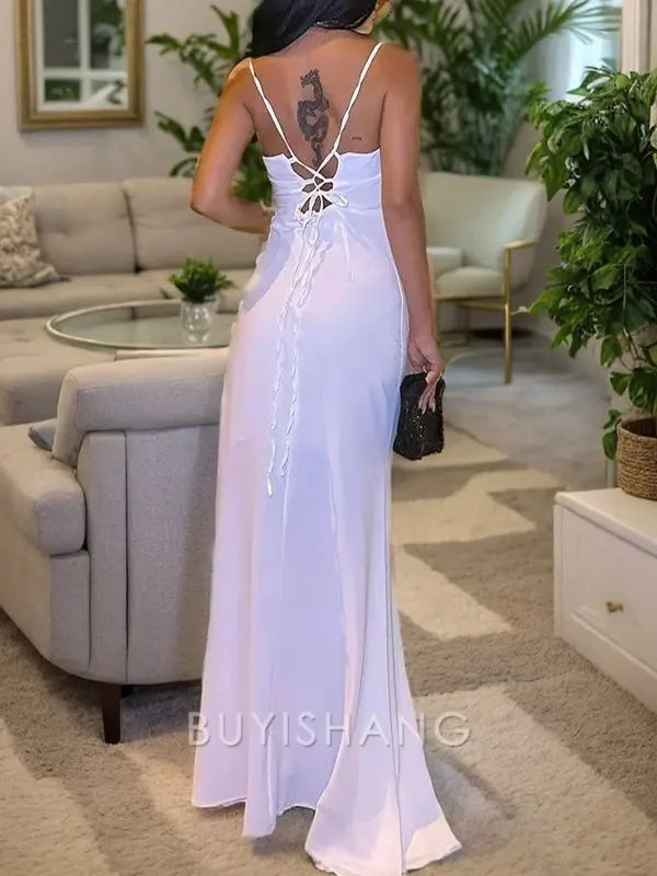 Buyishang Simple Sheath Spaghetti Straps Pleated Floor-Length Silk Like Satin Corset Dress