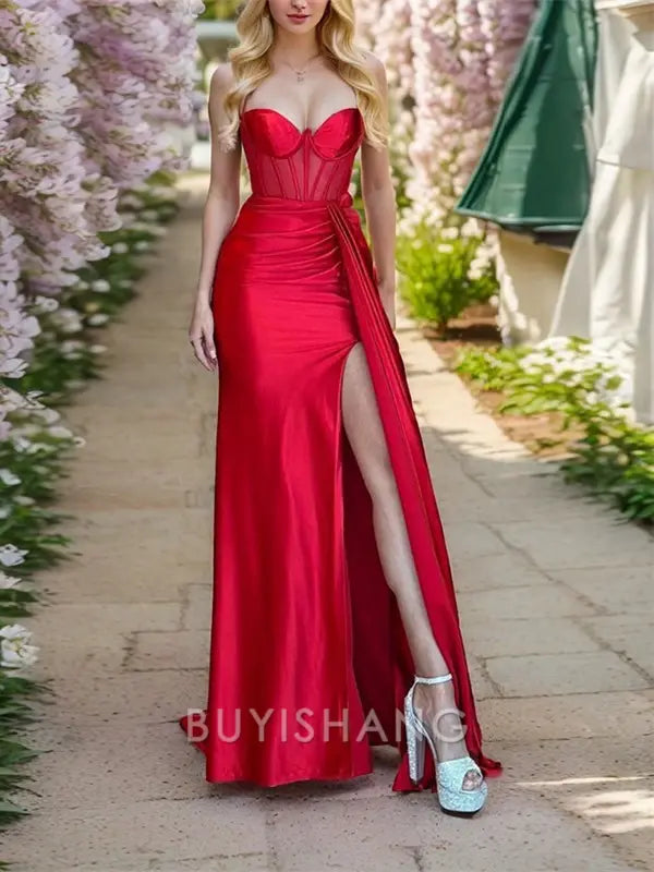 Buyishang Simple Sheath Spaghetti Straps Pleated Sweep Train Silk Like Satin Corset Dress