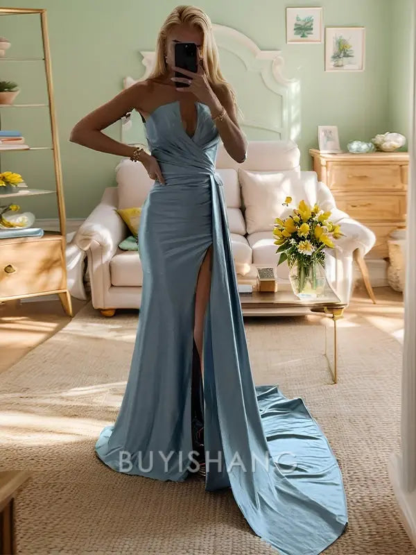 Buyishang Simple Sheath Straight Pleated Sweep Train Silk Like Satin Dress