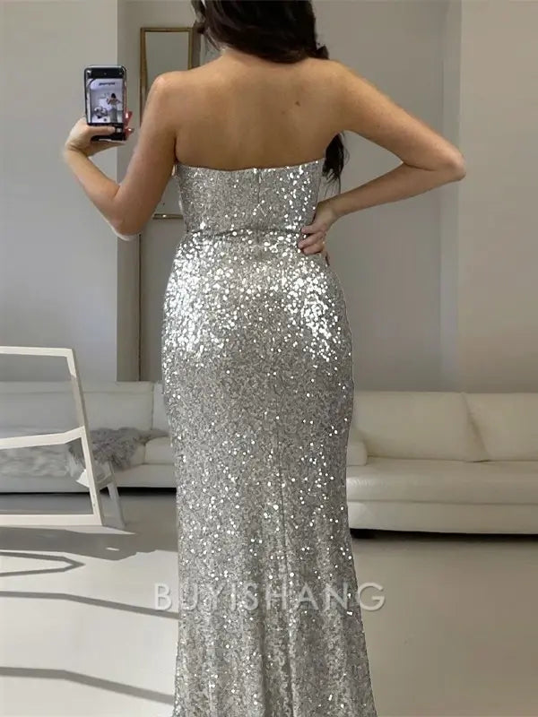 Buyishang Simple Sheath Straight Sequin Sweep Train Velvet Sequins Dress