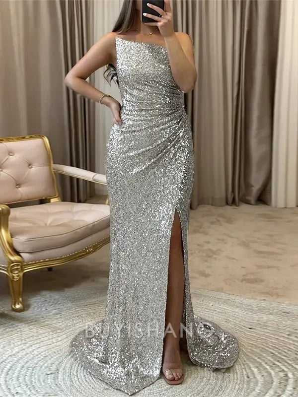 Buyishang Simple Sheath Straight Sequin Sweep Train Velvet Sequins Dress