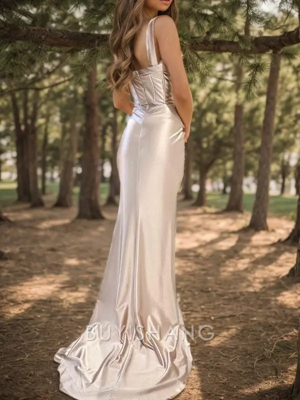 Buyishang Simple Sheath V-neck Pleated Sweep Train Silk Like Satin Corset Dress