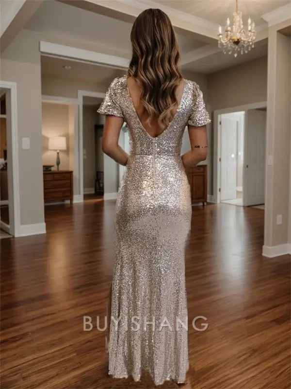 Buyishang Simple Sheath V-neck Short Sleeves Sequin Floor-Length Sequins Dress