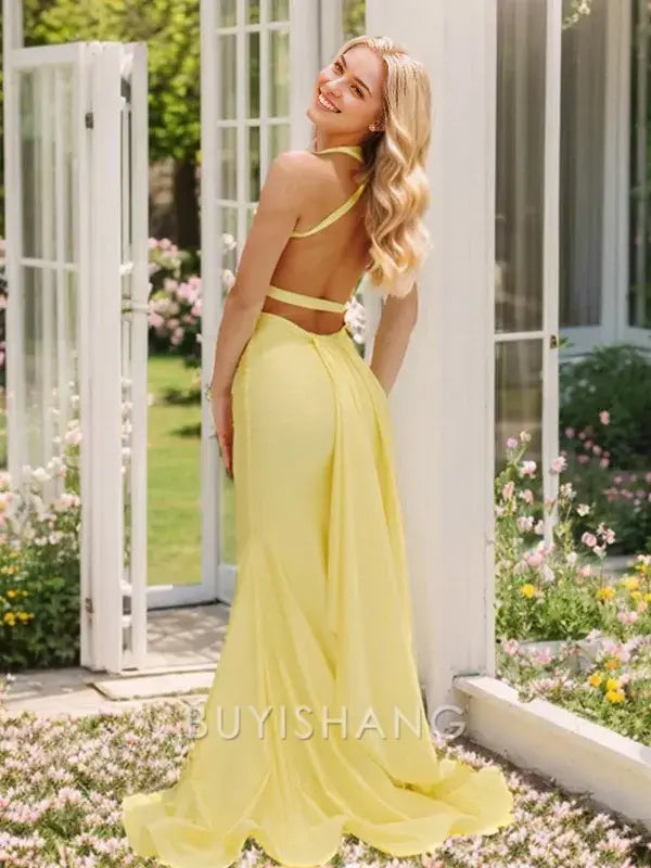 Buyishang Simple Sheath V-neck Sweep Train Jersey Dress