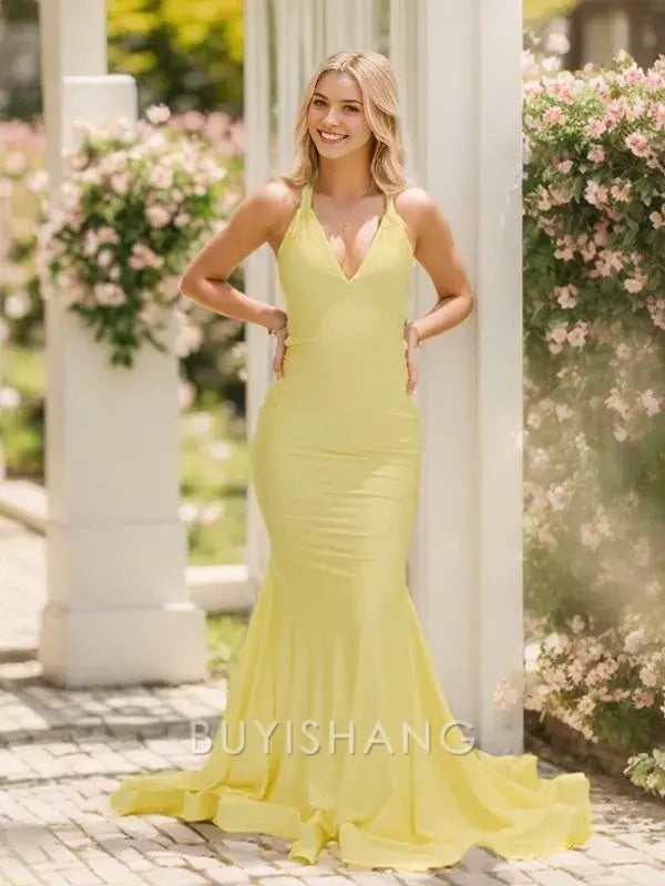 Buyishang Simple Sheath V-neck Sweep Train Jersey Dress