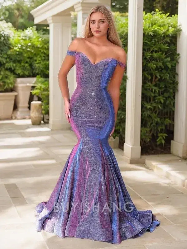 Buyishang Simple Trumpet/Mermaid Off-the-Shoulder Sweep Train Prom Dresses With Ruffles formal wear dresses