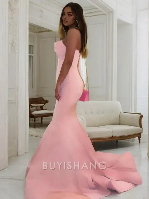 Buyishang Simple Trumpet/Mermaid Strapless Sweep Train Charmeuse Prom Dresses With Ruffles formal wear dresses