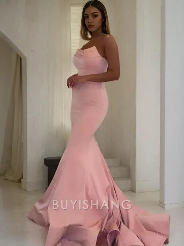 Buyishang Simple Trumpet/Mermaid Strapless Sweep Train Charmeuse Prom Dresses With Ruffles formal wear dresses