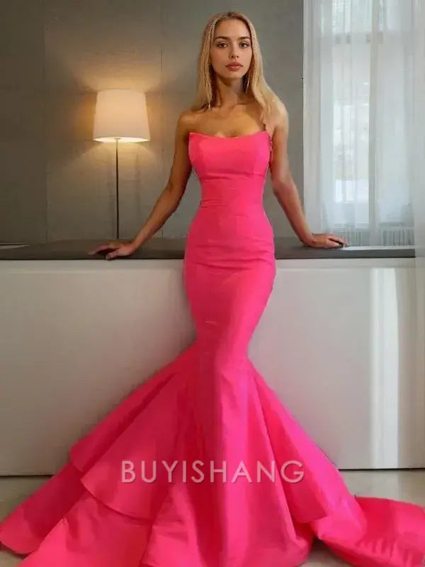 Buyishang Simple Trumpet/Mermaid Strapless Sweep Train Satin Prom Dresses With Ruffles formal wear dresses