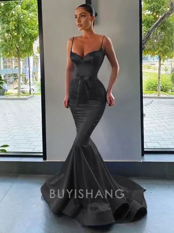 Buyishang Simple Trumpet/Mermaid Sweetheart Sweep Train Silk like Satin Prom Dresses With Belt/Sash formal wear dresses