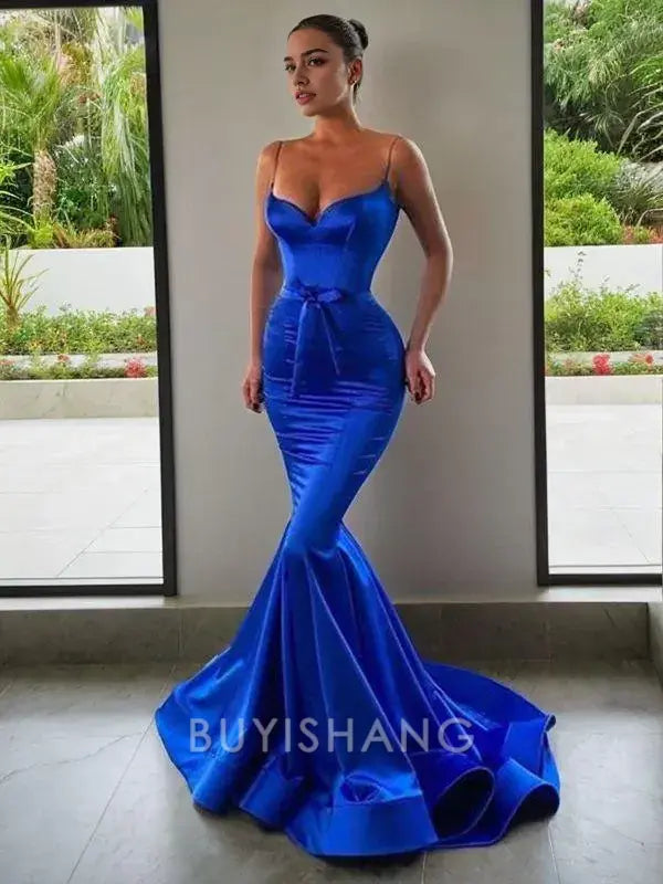 Buyishang Simple Trumpet/Mermaid Sweetheart Sweep Train Silk like Satin Prom Dresses With Belt/Sash formal wear dresses
