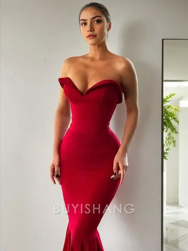 Buyishang Simple Trumpet/Mermaid Sweetheart Sweep Train Stretch Crepe Prom Dresses formal wear dresses