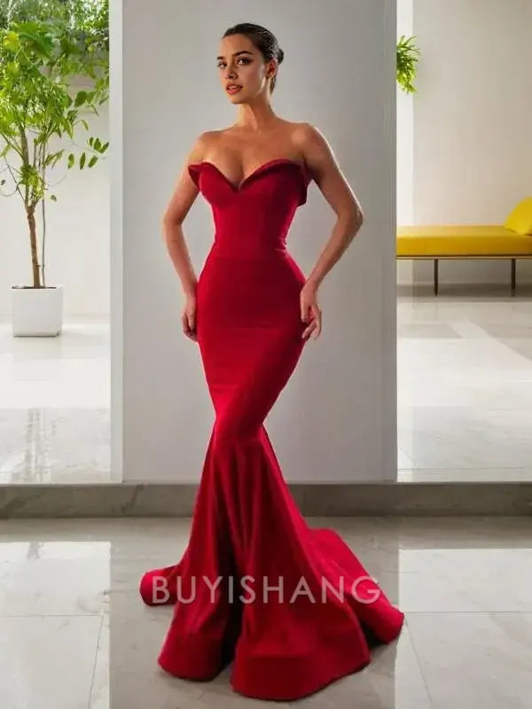 Buyishang Simple Trumpet/Mermaid Sweetheart Sweep Train Stretch Crepe Prom Dresses formal wear dresses