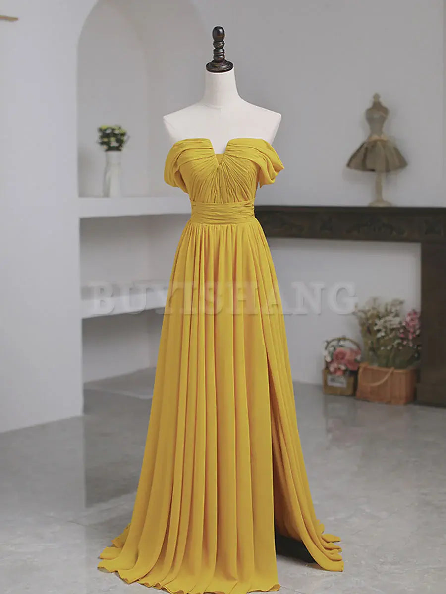 Buyishang Simple Yellow Off Shoulder Long Prom Dress Yellow Chiffon Graduation Dresses prom dress in store