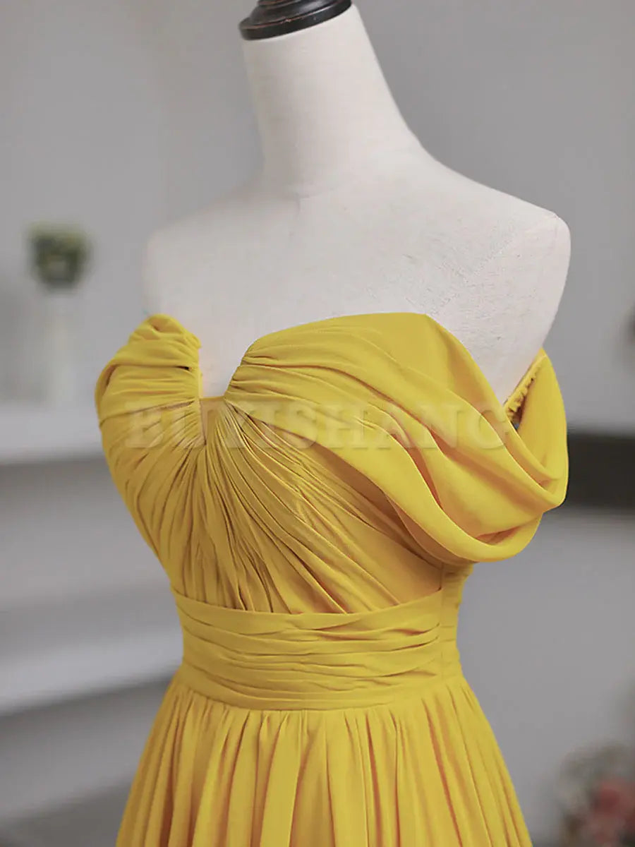 Buyishang Simple Yellow Off Shoulder Long Prom Dress Yellow Chiffon Graduation Dresses prom dress in store