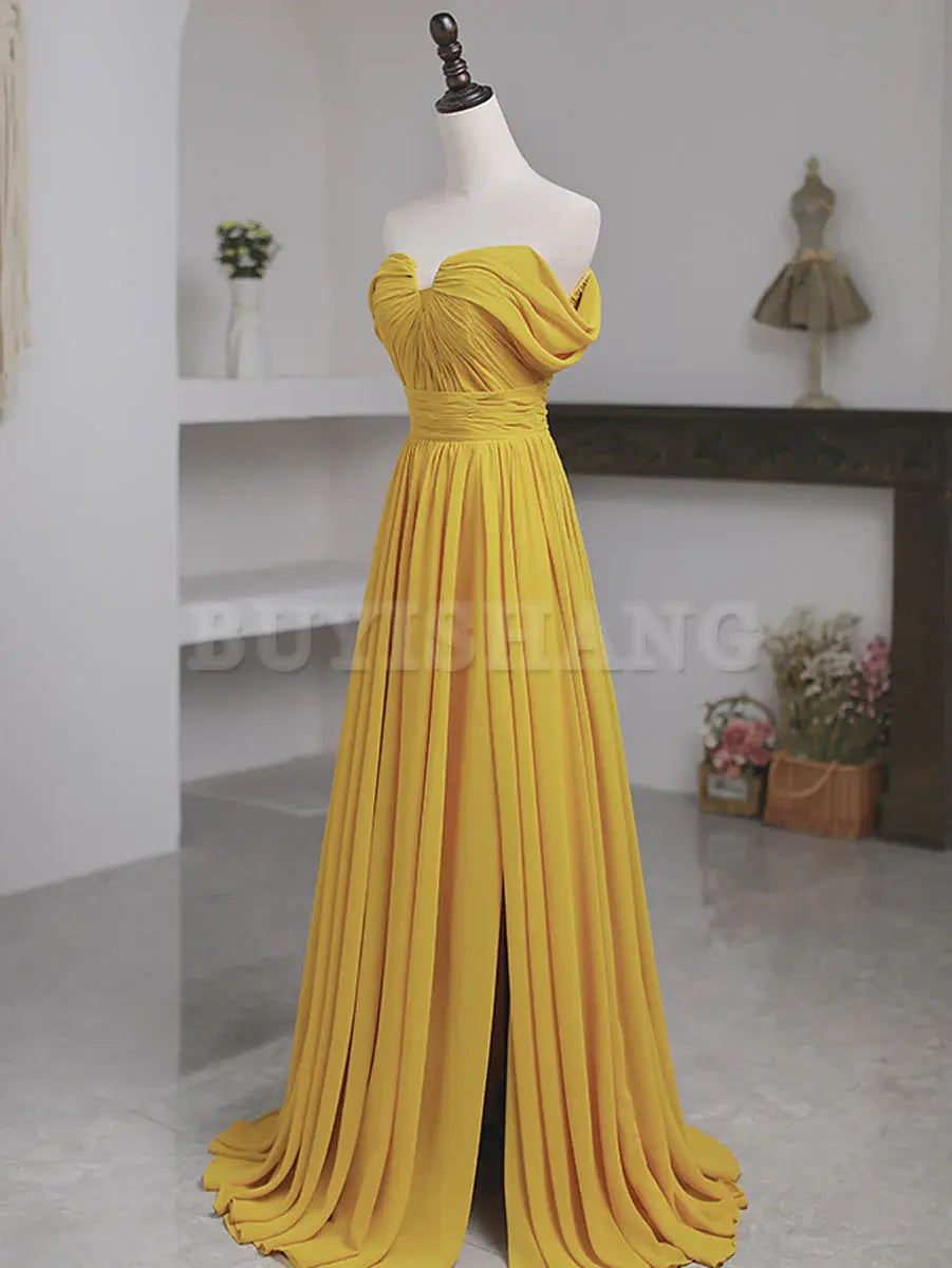 Buyishang Simple Yellow Off Shoulder Long Prom Dress Yellow Chiffon Graduation Dresses prom dress in store