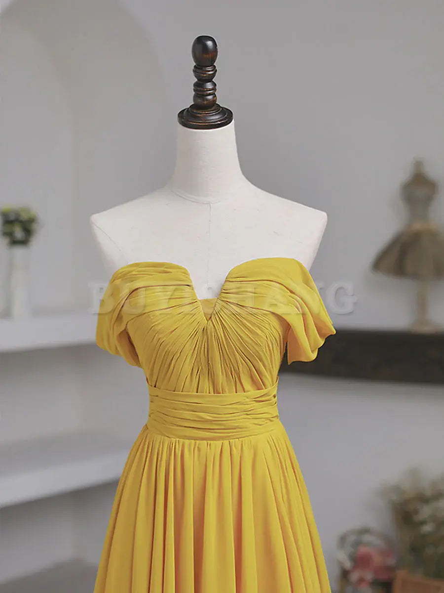 Buyishang Simple Yellow Off Shoulder Long Prom Dress Yellow Chiffon Graduation Dresses prom dress in store