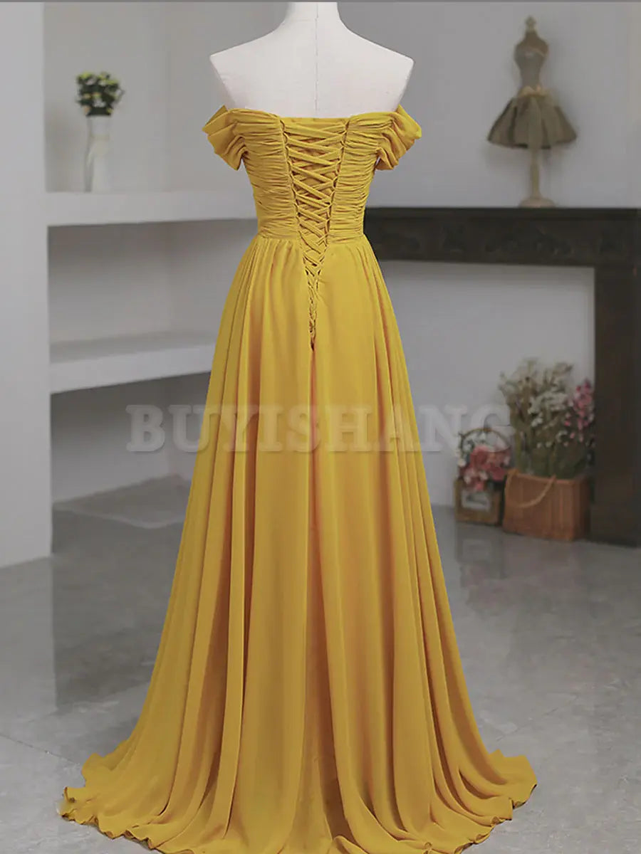 Buyishang Simple Yellow Off Shoulder Long Prom Dress Yellow Chiffon Graduation Dresses prom dress in store