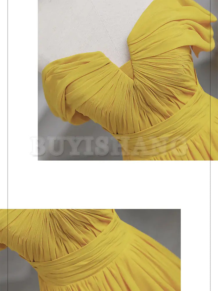 Buyishang Simple Yellow Off Shoulder Long Prom Dress Yellow Chiffon Graduation Dresses prom dress in store