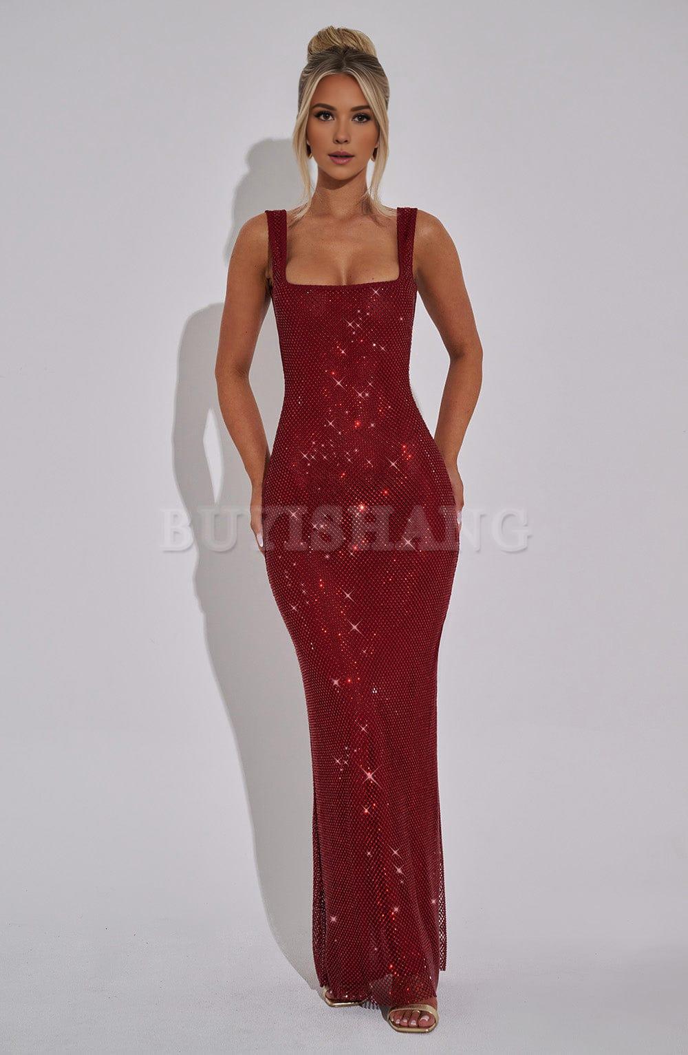 Buyishang Simple and shiny square neck sequin long skirt with elastic mesh fabric for elegant formal wear
