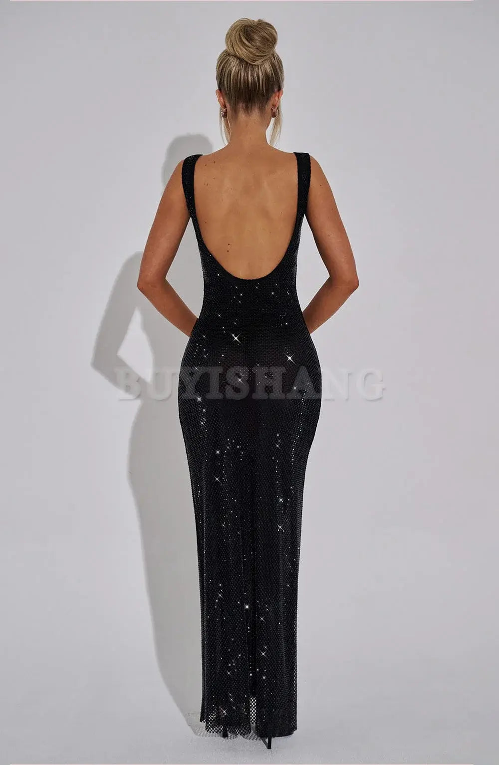 Buyishang Simple and shiny square neck sequin long skirt with elastic mesh fabric for elegant formal wear