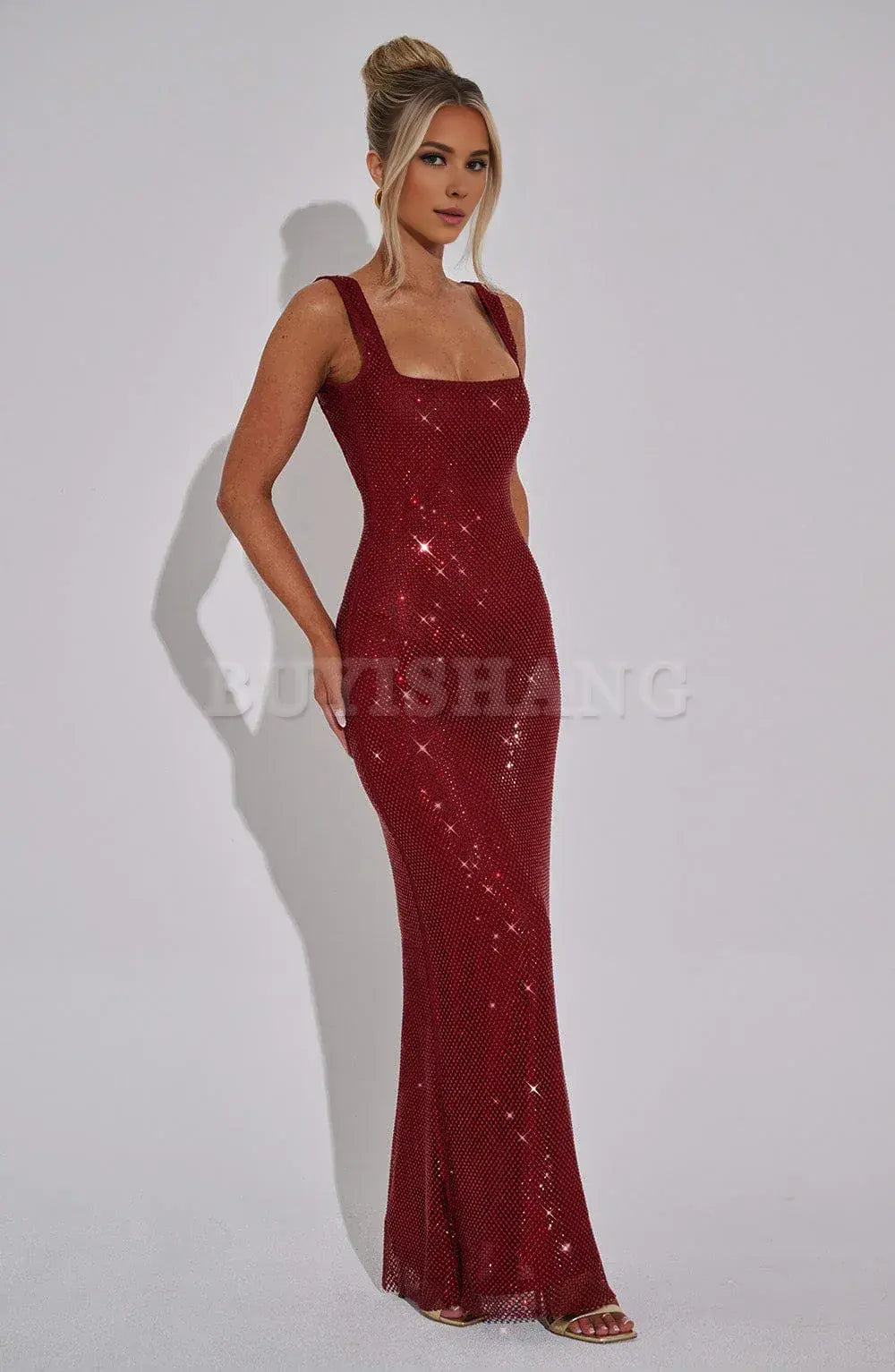 Buyishang Simple and shiny square neck sequin long skirt with elastic mesh fabric for elegant formal wear