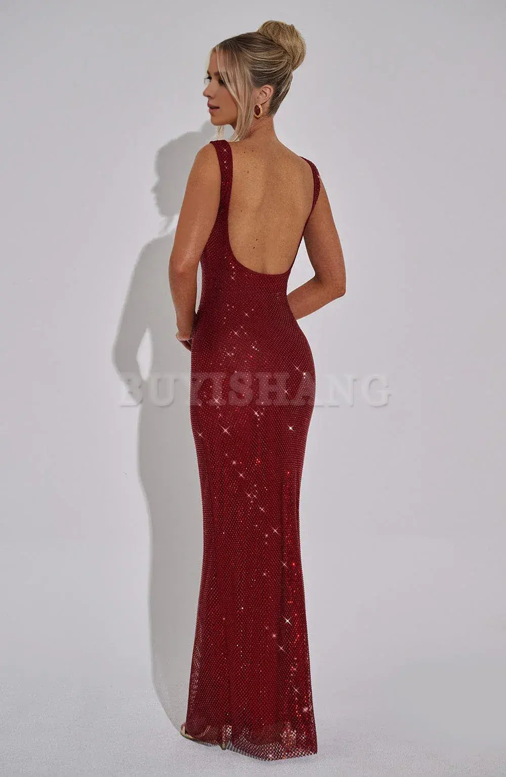 Buyishang Simple and shiny square neck sequin long skirt with elastic mesh fabric for elegant formal wear