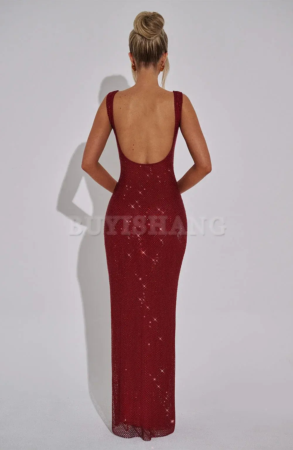 Buyishang Simple and shiny square neck sequin long skirt with elastic mesh fabric for elegant formal wear