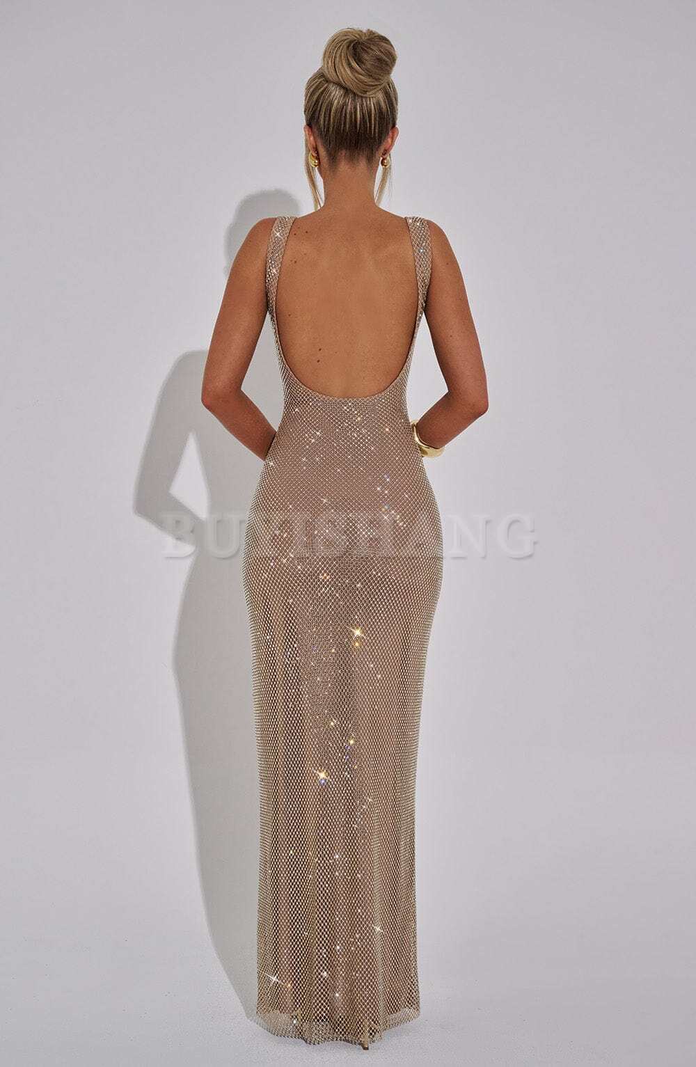 Buyishang Simple and shiny square neck sequin long skirt with elastic mesh fabric for elegant formal wear