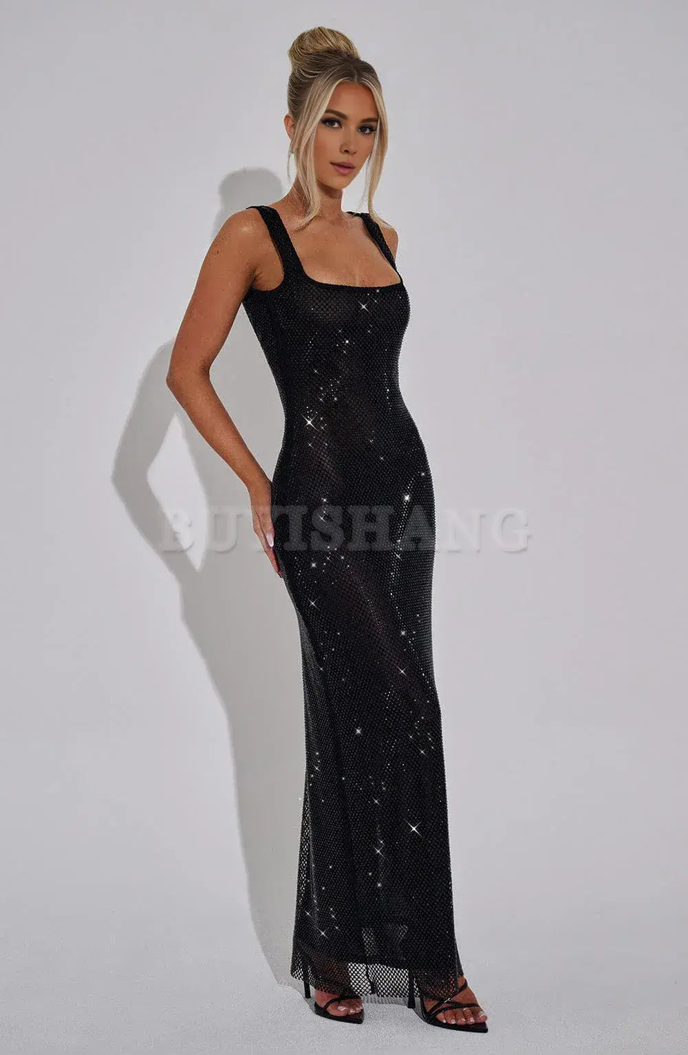 Buyishang Simple and shiny square neck sequin long skirt with elastic mesh fabric for elegant formal wear