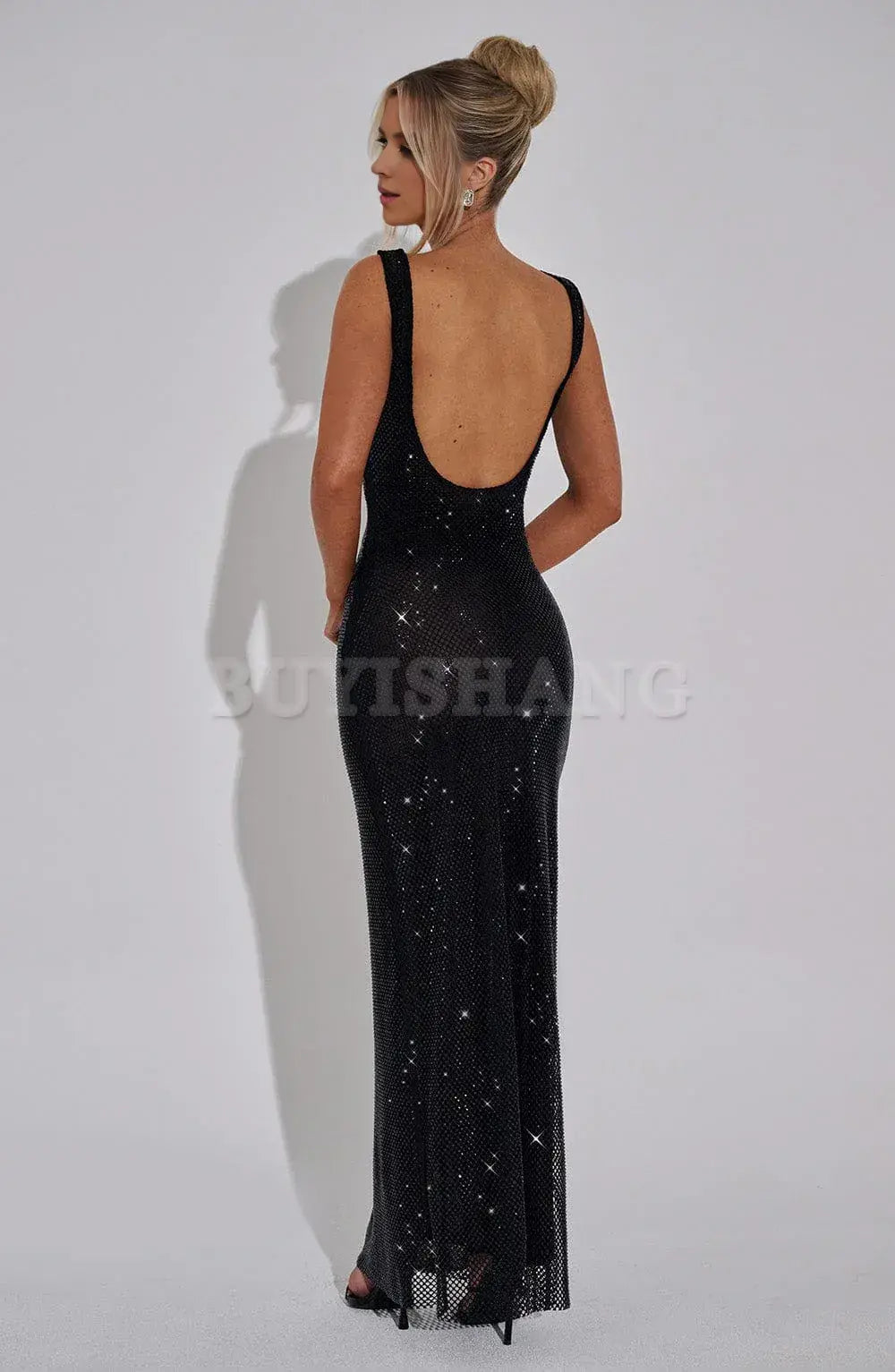 Buyishang Simple and shiny square neck sequin long skirt with elastic mesh fabric for elegant formal wear