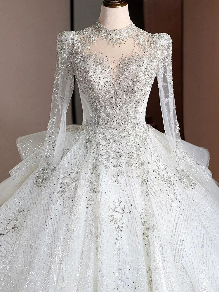 Buyishang Dreamy Ball Gown High Neckline Sequin White Long Sleeves Wedding Dresses With Beads dress for wedding