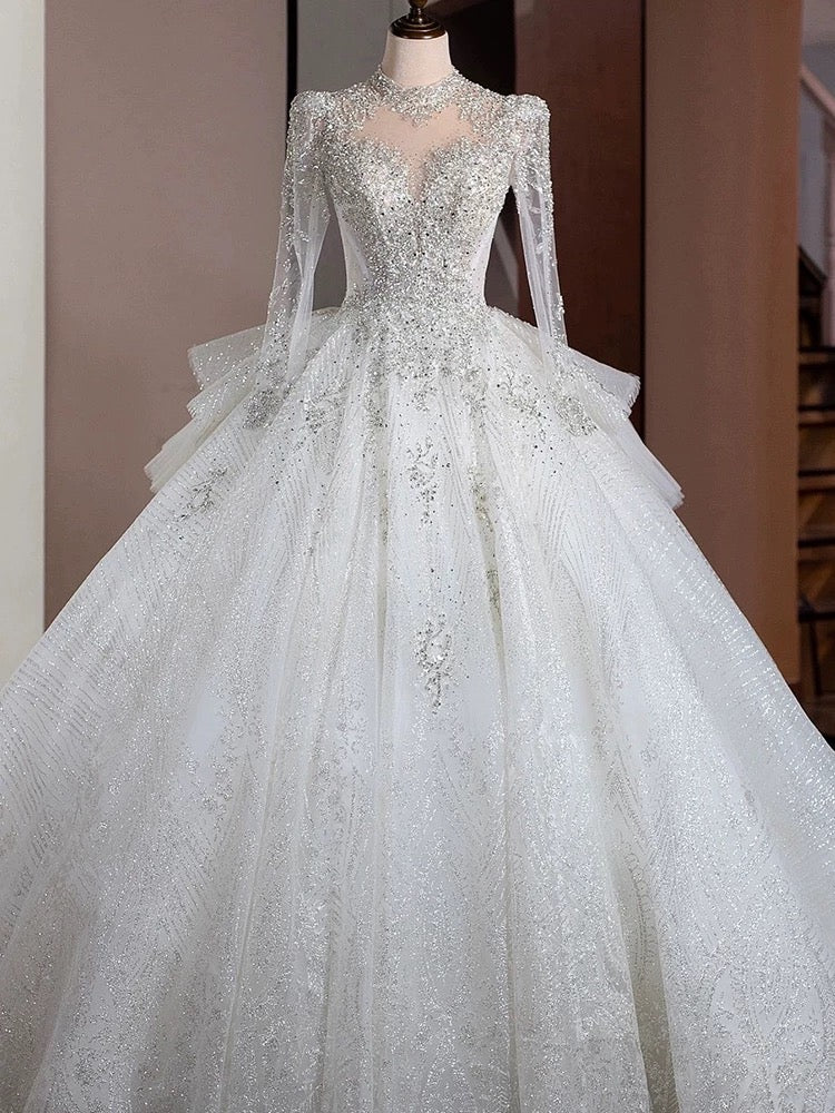 Buyishang Dreamy Ball Gown High Neckline Sequin White Long Sleeves Wedding Dresses With Beads dress for wedding