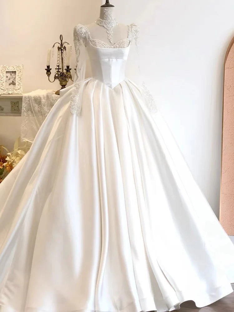 Buyishang Simple Ball Gown Sweetheart White Long Sleeves Satin Wedding Dresses With Beads dress for wedding