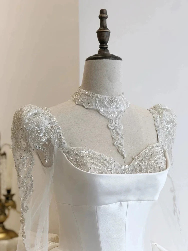Buyishang Simple Ball Gown Sweetheart White Long Sleeves Satin Wedding Dresses With Beads dress for wedding
