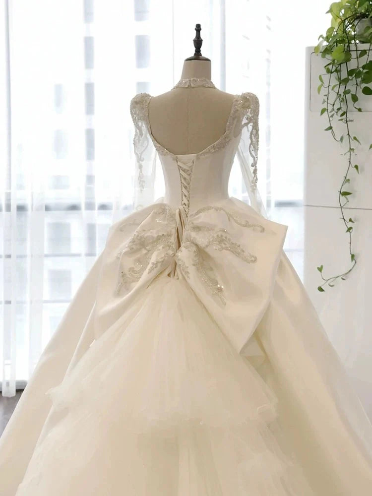Buyishang Simple Ball Gown Sweetheart White Long Sleeves Satin Wedding Dresses With Beads dress for wedding