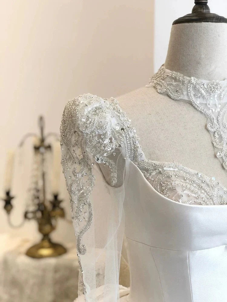Buyishang Simple Ball Gown Sweetheart White Long Sleeves Satin Wedding Dresses With Beads dress for wedding
